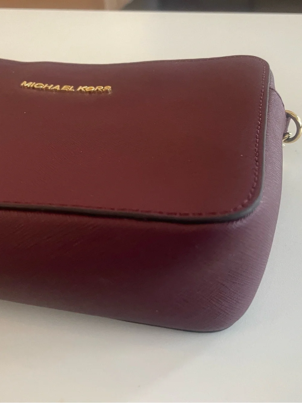 Michael Kors Oxblood Saffiano Leather Crossbody Purse Gold Chain Burgundy